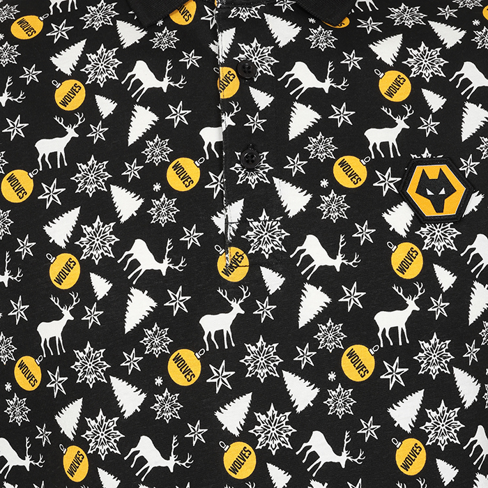 Adults Christmas Print Polo With Badge - Black