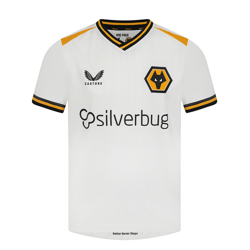 2021-22 Wolves 3rd Shirt - JuniorBe Part Of the Pack, with the 2021-22 Wolves Junior Third Shirt and show your pride on the street and in the stands.Matte/shine white jacquard knit fabric on body and sleeves with contrast Wolves gold shoulder panels.Features striped rib collar and cuffsWolves back neck tapingScooped hemFeatures the signature Castore Logo and Wolves iconic crest on chest.Sliverbug sponsor100% Polyester