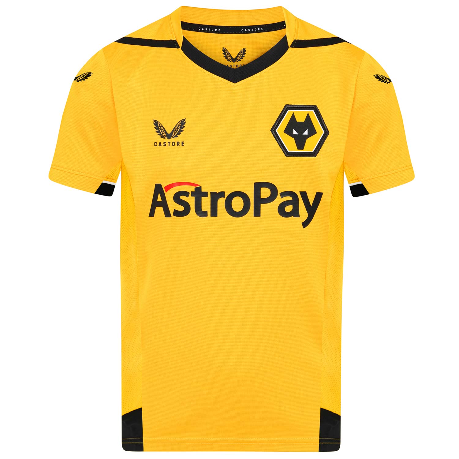 2022-23 Wolves Home Shirt - Junior
Be Part Of the Pack, with the 2022-23 Wolves Junior Home Shirt and show your pride on the street and in the stands.
Featuring detailed colour matching and dyeing to be true Wolves Gold and bring it back home to the club and fans.

Angular mesh inner sleeve and body panels for extra ventilation
Wolves back neck taping
Featuring our new club sponsor AstroPay on front of shirt
100% Polyester
