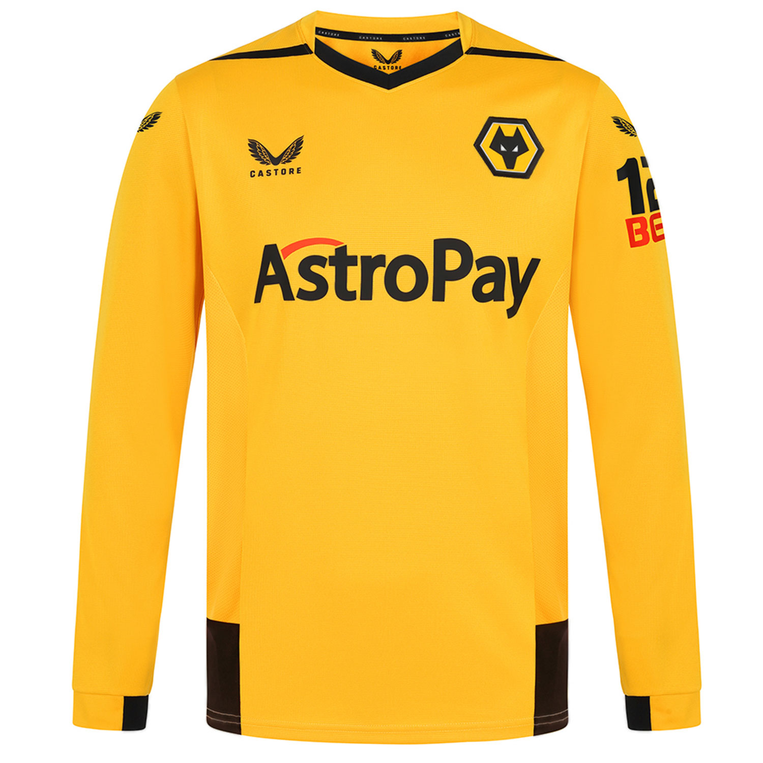 2022-23 Wolves Home Shirt - Long Sleeve - Adult
Be Part Of the Pack, with the 2022-23 Wolves Long Sleeved Home Shirt and show your pride on the street and in the stands.
Featuring detailed colour matching and dyeing to be true Wolves Gold and bring it back home to the club and fans.

Angular mesh inner sleeve and body panels for extra ventilation
Wolves back neck taping
Featuring our new club sponsor AstroPay on front of shirt
Long Sleeved
100% Polyester
