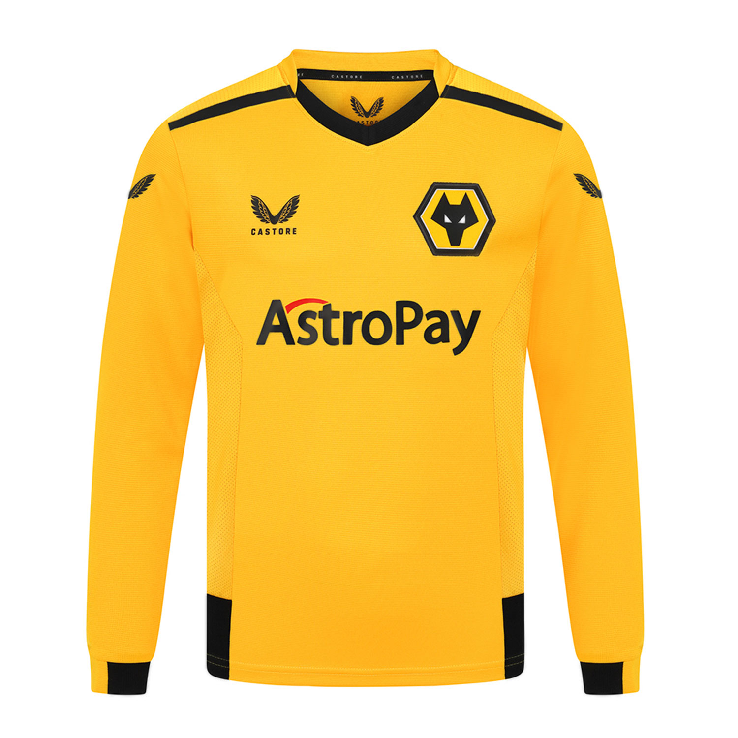 2022-23 Wolves Home Shirt - Long Sleeve - Junior
Be Part Of the Pack, with the 2022-23 Wolves Long Sleeved Junior Home Shirt and show your pride on the street and in the stands.
Featuring detailed colour matching and dyeing to be true Wolves Gold and bring it back home to the club and fans.

Angular mesh inner sleeve and body panels for extra ventilation
Wolves back neck taping
Featuring our new club sponsor AstroPay on front of shirt
100% Polyester
