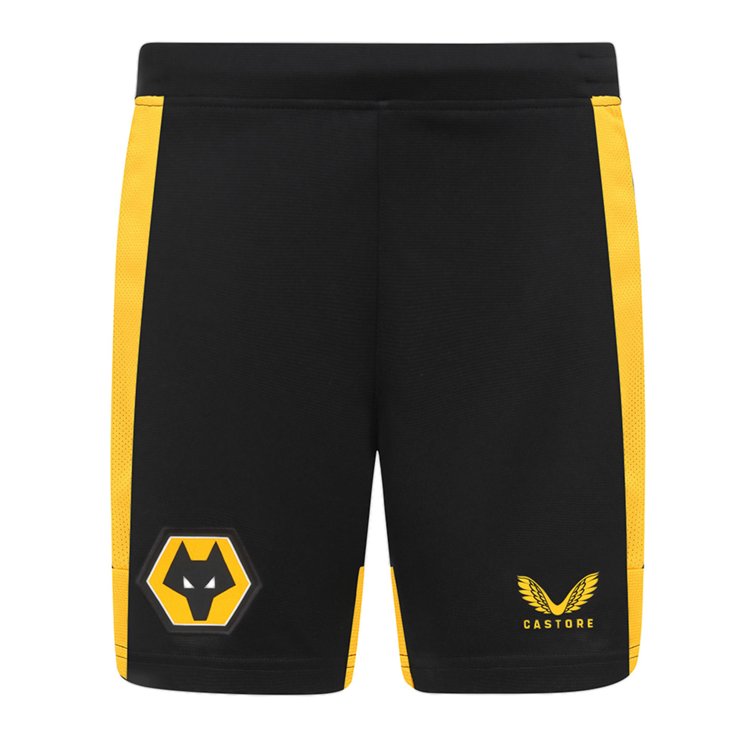 2022-23 Wolves Home Shorts - Adult
Be Part Of the Pack, with the 2022-23 Wolves Home shorts and show your pride on the street and in the stands.
Featuring detailed colour matching and dyeing to be true Wolves Gold and bring it back home to the club and fans.

Contrast side and hem panel to mimic the shirt
Drawstring fastening
Featuring the Castore logo in Wolves Gold
Woven coloured Wolves crest.
100% recycled polyester
