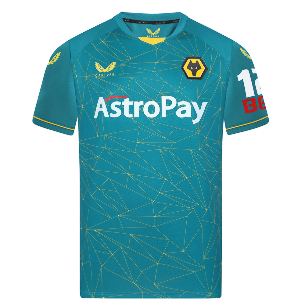 2022-23 Wolves Away Shirt - Adult
Be Part of the Pack with the 2022-23 Wolves Away Shirt.

Geometric Molineux inspired print
Tapered collar with contrast Wolves Old Gold insert
Contrast tipping around cuffs
Angular panel across back hem following around to the front
Featuring our new club sponsor AstroPay on front of shirt
Featuring our new club sleeve sponsor 12Bet on Sleeve
100% Polyester
