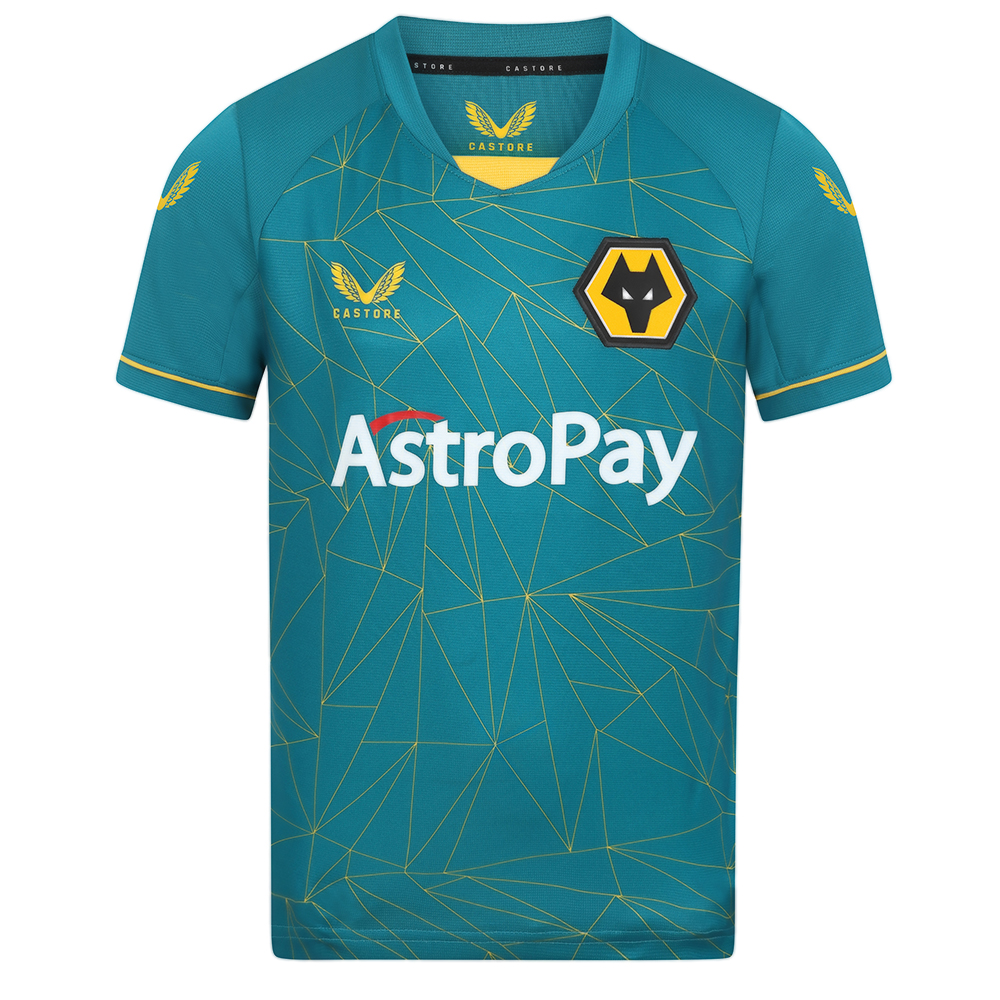 2022-23 Wolves Away Shirt - Junior
Be Part of the Pack with the 2022-23 Wolves Away Shirt.

Geometric Molineux inspired print
Tapered collar with contrast Wolves Old Gold insert
Contrast tipping around cuffs
Angular panel across back hem following around to the front
Featuring our new club sponsor AstroPay on front of shirt
Featuring our new club sleeve sponsor 12Bet on Sleeve
100% Polyester
