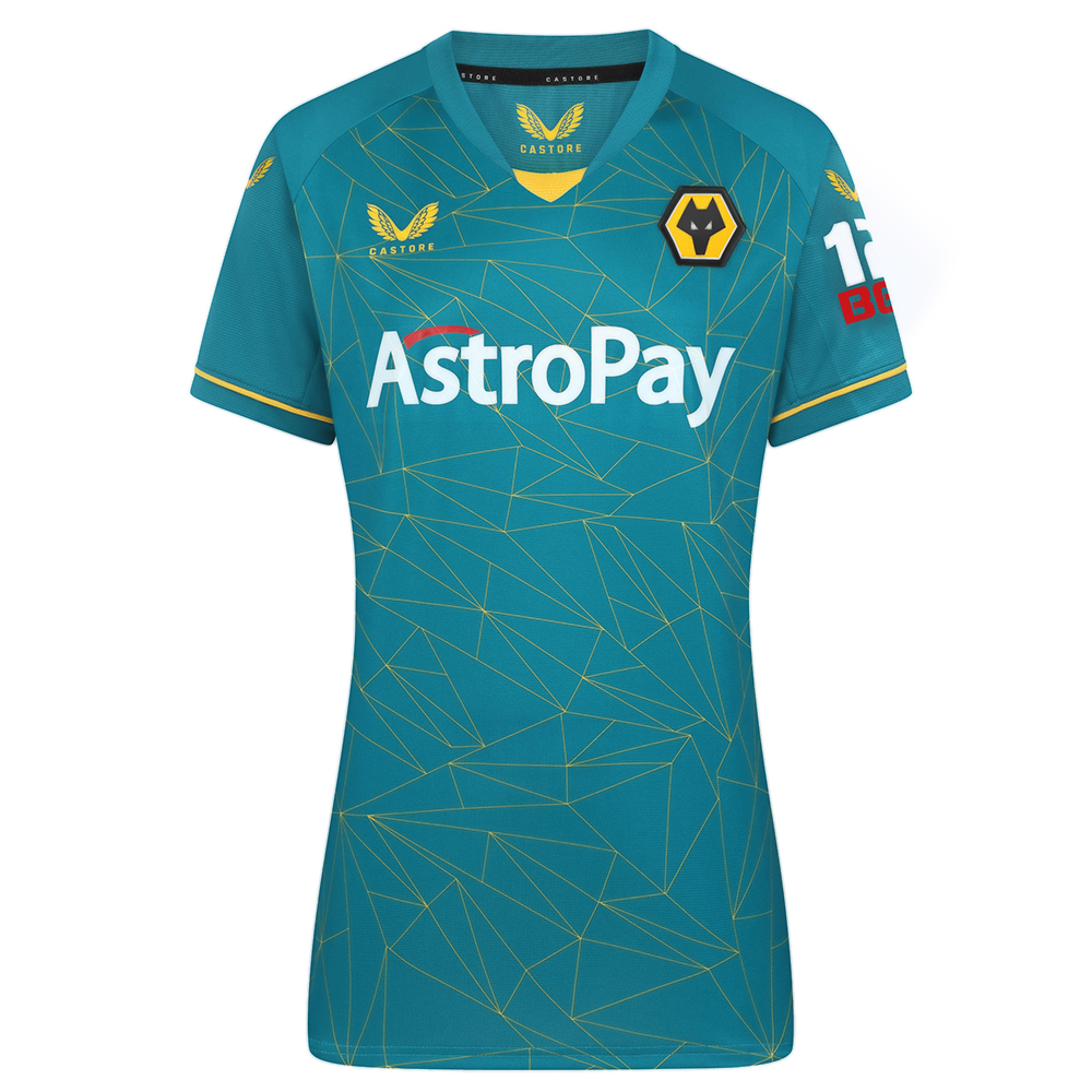 2022-23 Wolves Away Shirt - Womens
Be Part of the Pack with the 2022-23 Wolves Away Shirt

Geometric Molineux inspired print
Tapered collar with contrast Wolves Old Gold insert
Contrast tipping around cuffs
Angular panel across back hem following around to the front
Female silhouette
Featuring our new club sponsor AstroPay on front of shirt
Featuring our new club sleeve sponsor 12Bet on Sleeve
100% Polyester
