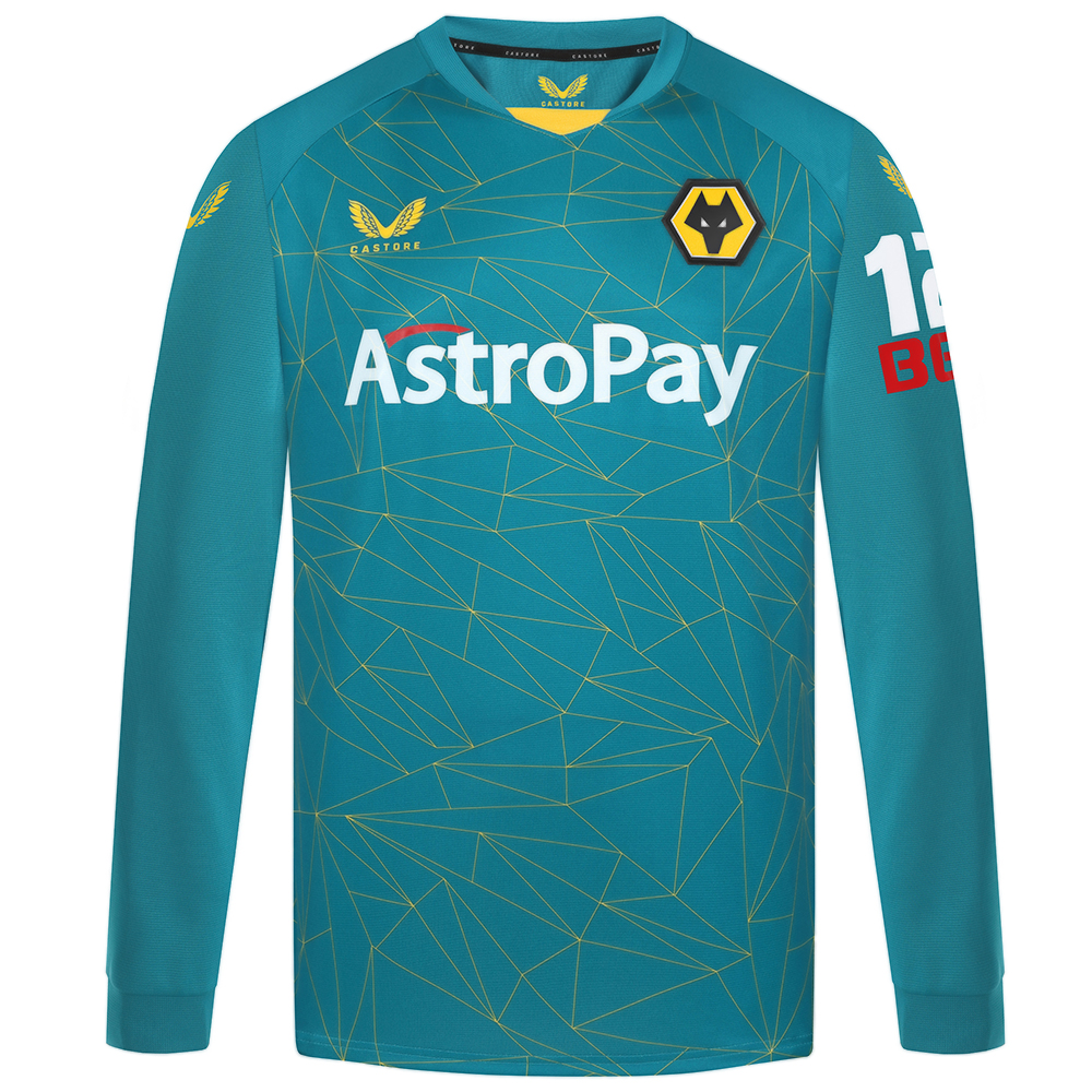 2022-23 Wolves Away Shirt - Long Sleeve - Adult
Be Part of the Pack with the 2022-23 Wolves Away Shirt.

Geometric Molineux inspired print
Tapered collar with contrast Wolves Old Gold insert
Contrast tipping around cuffs
Long sleeved
Angular panel across back hem following around to the front
Featuring our new club sponsor AstroPay on front of shirt
Featuring our new club sleeve sponsor 12Bet on Sleeve
100% Polyester
