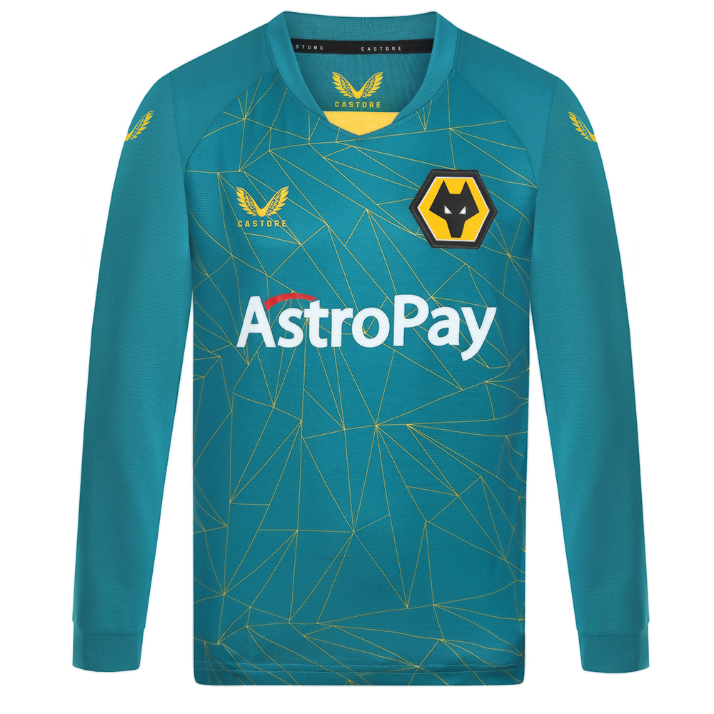 2022-23 Wolves Away Shirt - Long Sleeve - Junior
Be Part of the Pack with the 2022-23 Wolves Away Shirt.

Geometric Molineux inspired print
Tapered collar with contrast Wolves Old Gold insert
Contrast tipping around cuffs
Long sleeved
Angular panel across back hem following around to the front
Featuring our new club sponsor AstroPay on front of shirt
Featuring our new club sleeve sponsor 12Bet on Sleeve
100% Polyester

