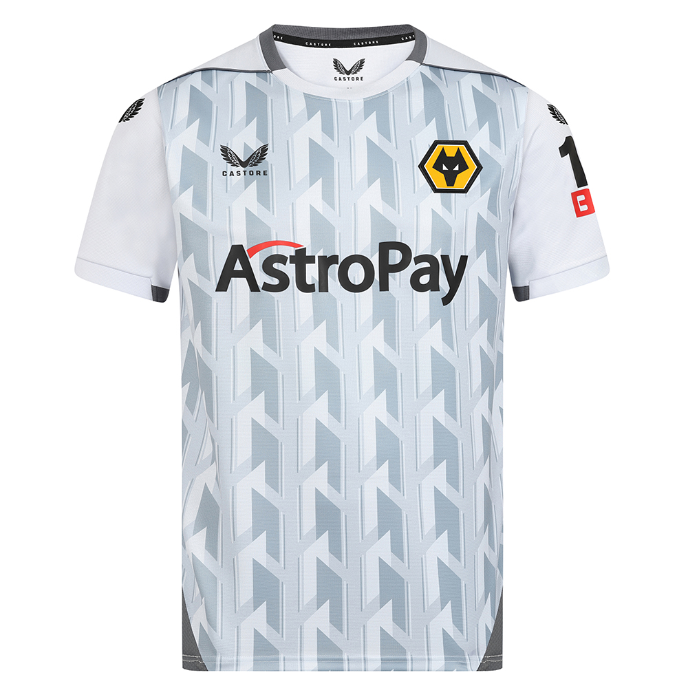 2022-23 Wolves 3rd Shirt - Adult
Be Part Of the Pack, with the 2022-23 Wolves Third Shirt and show your pride on the street and in the stands.

Tonal geometric print
Panelled crew neckline
Solid panels across shoulders finished with piping along shoulders
Panelled cuffs with contrast inner sleeve
Angular panel across back hem following around to the front
Silver colourway
Featuring our new club sponsor AstroPay on front of shirt
Featuring our new club sleeve sponsor 12Bet on Sleeve
100% Polyester 
