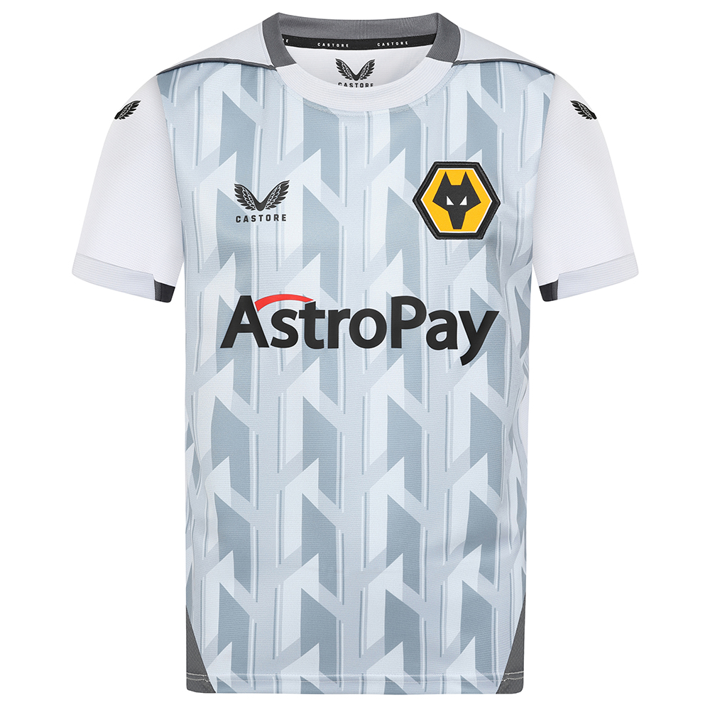 2022-23 Wolves 3rd Shirt - Junior
Be Part Of the Pack, with the 2022-23 Wolves Junior Third Shirt and show your pride on the street and in the stands.

Tonal geometric print
Panelled crew neckline
Solid panels across shoulders finished with piping along shoulders
Panelled cuffs with contrast inner sleeve
Angular panel across back hem following around to the front
Silver colourway.
Featuring our new club sponsor AstroPay on front of shirt
100% Polyester 
