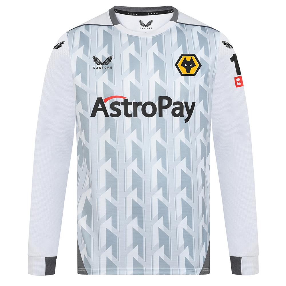 2022-23 Wolves 3rd Shirt - Long Sleeve - Adult
Be Part Of the Pack, with the 2022-23 Wolves Third Shirt and show your pride on the street and in the stands.

Tonal geometric print
Panelled crew neckline
Solid panels across shoulders finished with piping along shoulders
Panelled cuffs with contrast inner sleeve
Angular panel across back hem following around to the front
Silver colourway
Long sleeved
Featuring our new club sponsor AstroPay on front of shirt
Featuring our new club sleeve sponsor 12Bet on Sleeve
100% Polyester 
