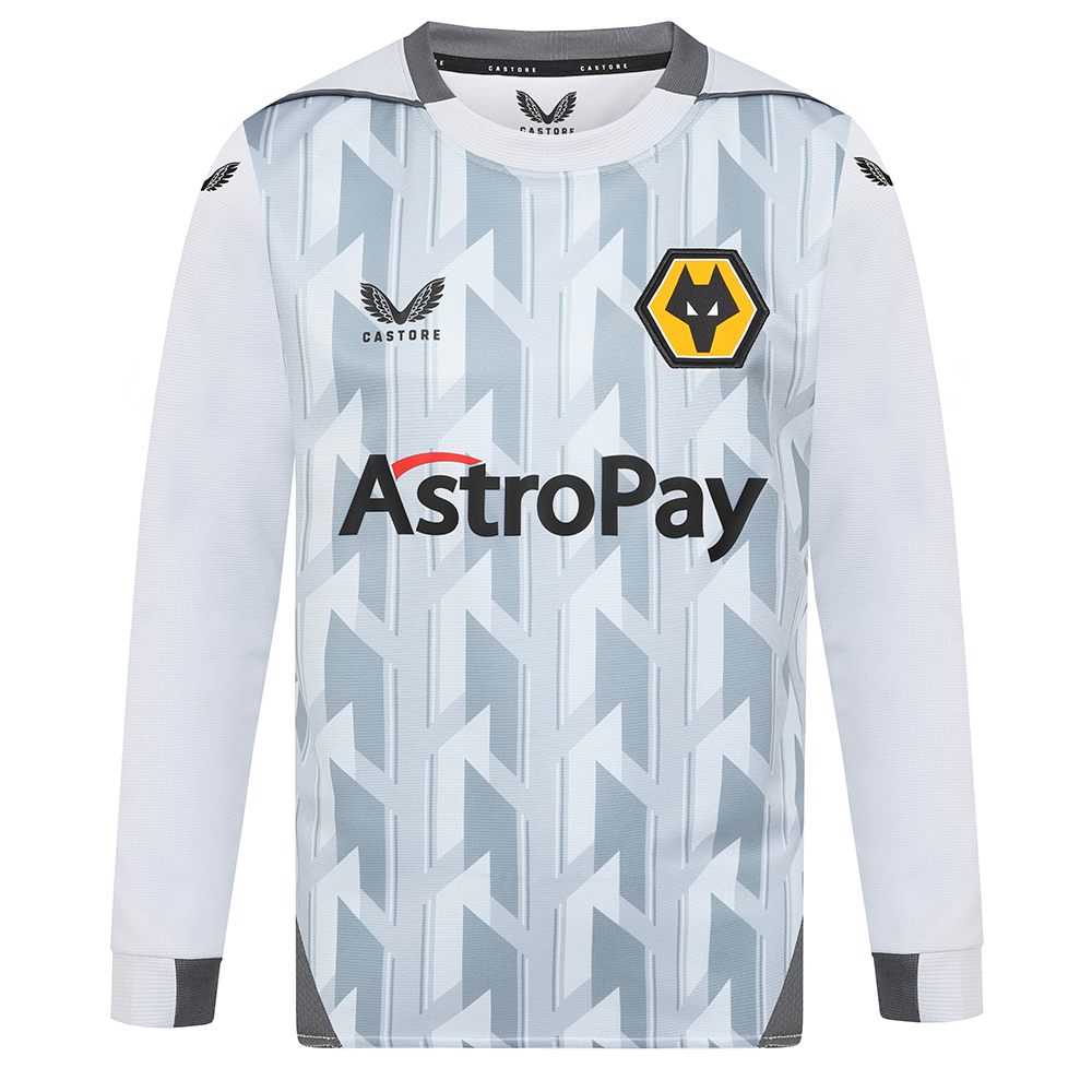2022-23 Wolves 3rd Shirt - Long Sleeve - Junior
Be Part Of the Pack, with the 2022-23 Wolves Third Shirt and show your pride on the street and in the stands.

Tonal geometric print
Panelled crew neckline
Solid panels across shoulders finished with piping along shoulders
Panelled cuffs with contrast inner sleeve
Angular panel across back hem following around to the front
Silver colourway
Long sleeved
Featuring our new club sponsor AstroPay on front of shirt
Featuring our new club sleeve sponsor 12Bet on Sleeve
100% Polyester 

