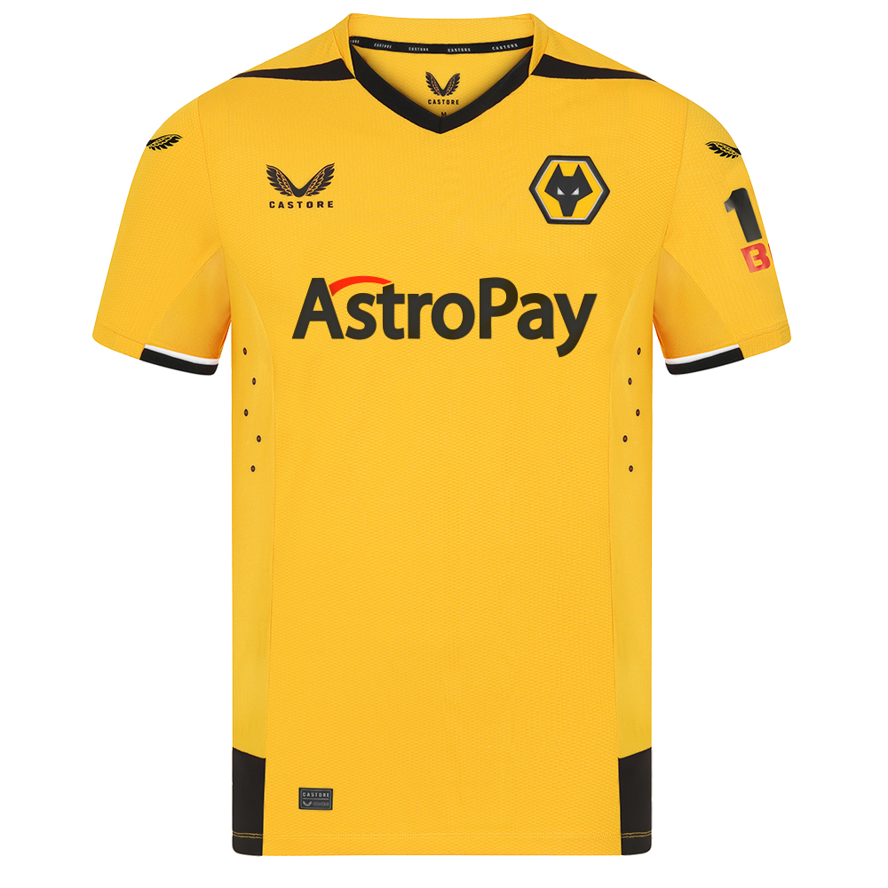 2022-23 Wolves Pro Home Shirt - Adult
Be Part Of the Pack, with the 2022-23 Wolves Home Pro Shirt and show your pride on the street and in the stands.
The Authentic design is the same worn by the players on the field.
Featuring detailed colour matching and dyeing to be true Wolves Gold and bring it back home to the club and fans.

Panelled v-shaped collar with contrast black insert
Mesh panels across shoulders finished with abrasion tape
Angular mesh inner sleeve and body panels with laser cut holes for extra ventilation
Inner sleeve rib detail with contrast white tipping
Bold panel across the hem
Laser cut holes at lower back
AstroPay front shirt sponsor
12Bet sleeve sponsor
85% Polyester 15% Elastane

 
 