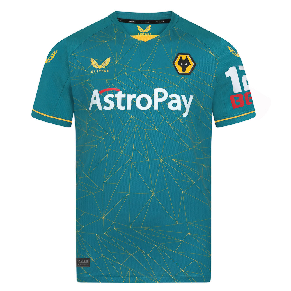 2022-23 Wolves Pro Away Shirt - Adult
Be Part of the Pack with the 2022-23 Wolves Pro Away Shirt.

Geometric Molineux inspired print
Tapered collar with contrast Wolves Old Gold insert
Engineered shoulder panelling
Contrast tipping around cuffs
Laser cut holes under arms and lower back for ventilation
Angular panel across back hem following around to the front
Featuring our new club sponsor AstroPay on front of shirt
Featuring our new club sleeve sponsor 12Bet on Sleeve
85% Polyester / 15 % Elastane
