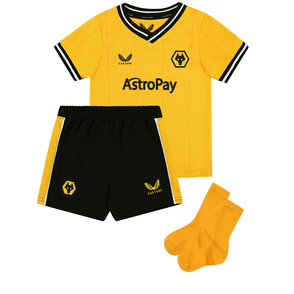 2023-24 wolves home infant kit
the 2023-24 wolves home infant kit is a must have for any young wolves fan's wardrobe.
Made from 100% Polyester, this stylish and comfortable kit is designed to provide the perfect fit for your little one.
Featuring the iconic wolves crest and traditional gold and black colors, this kit is the perfect way for your little one to show their support for their favorite team.
the shirt is short-sleeved and lightweight, making it ideal for wear on match days and beyond.
complete with shorts and socks and sizes ranging from 18-24 months to 5-6 years, this kit is suitable for infants of all ages.