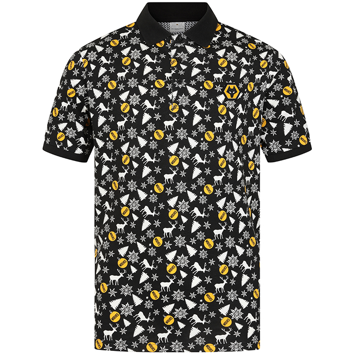 Adults Christmas Print Polo With Badge - Black